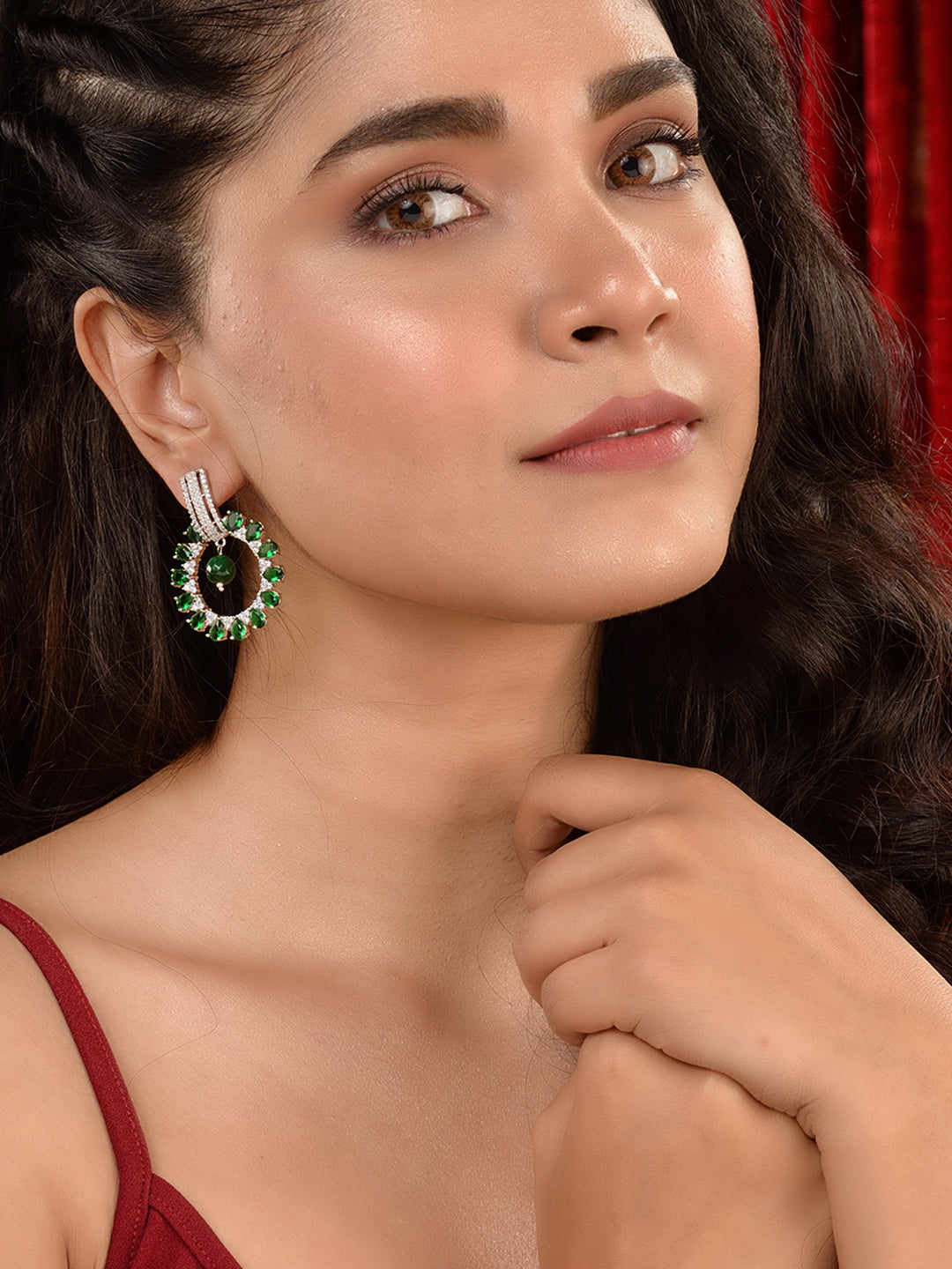 Silver Toned Green AD Luxe Hoop Earrings, zaveri pearls, sale price rs, sale price, sale gold plated, sale gold, sale, rubans, ring, regular price, priyassi jewellery, kushal's - Saraf RS Jew